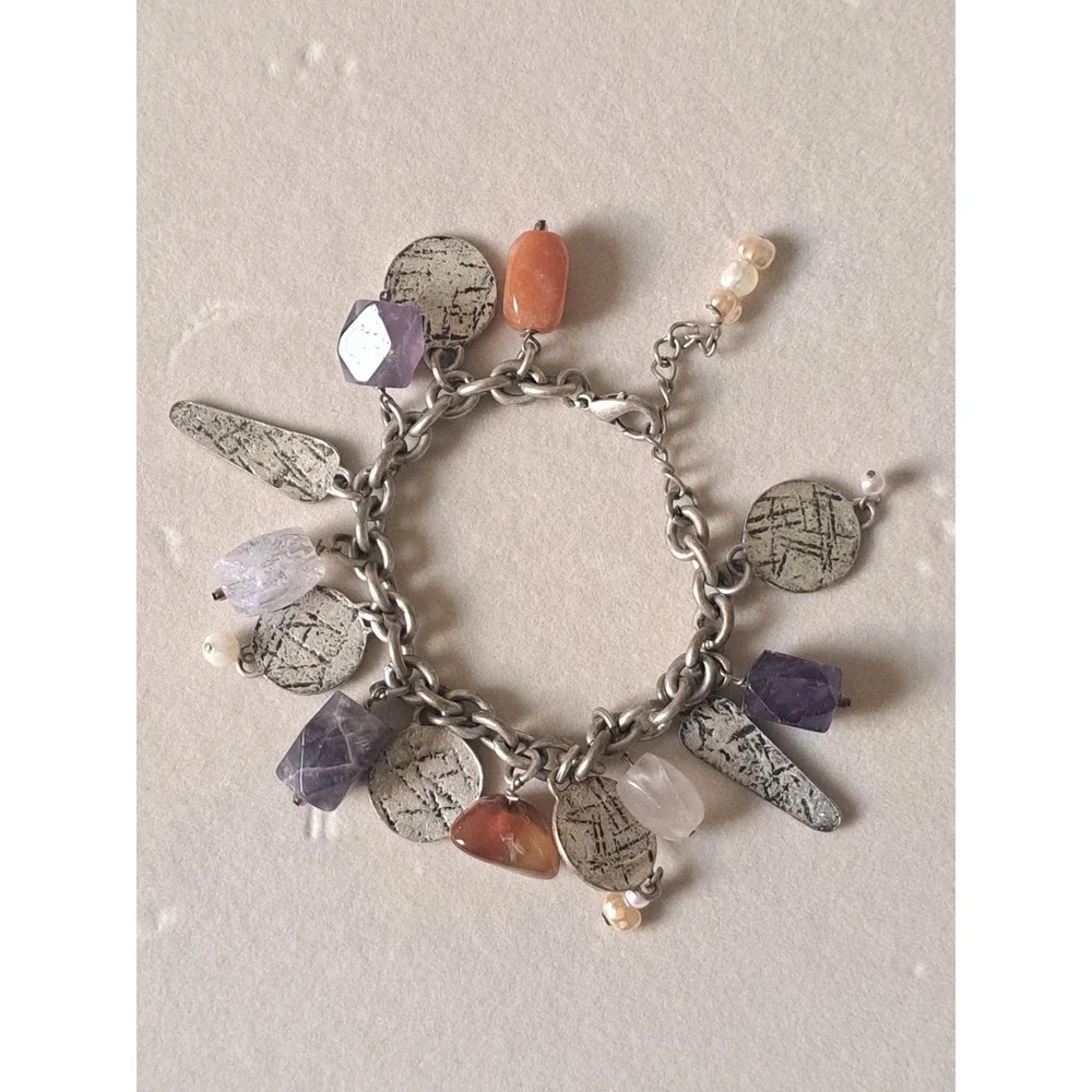 Boho Silver Tone Charm Bracelet Natural Stone Amethyst Carnelian Mixed Media